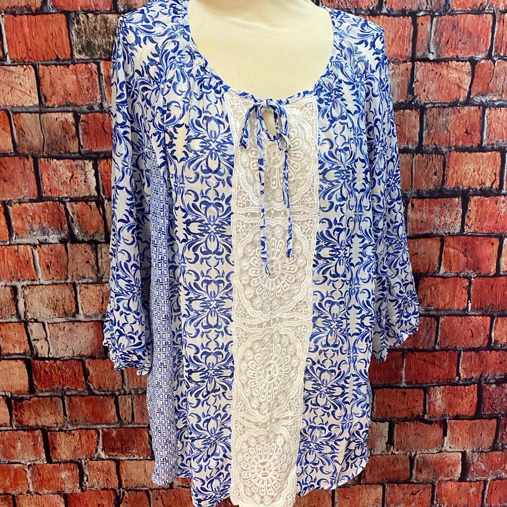 Valerie Stevens Plus Size Lace Front Peasant Top